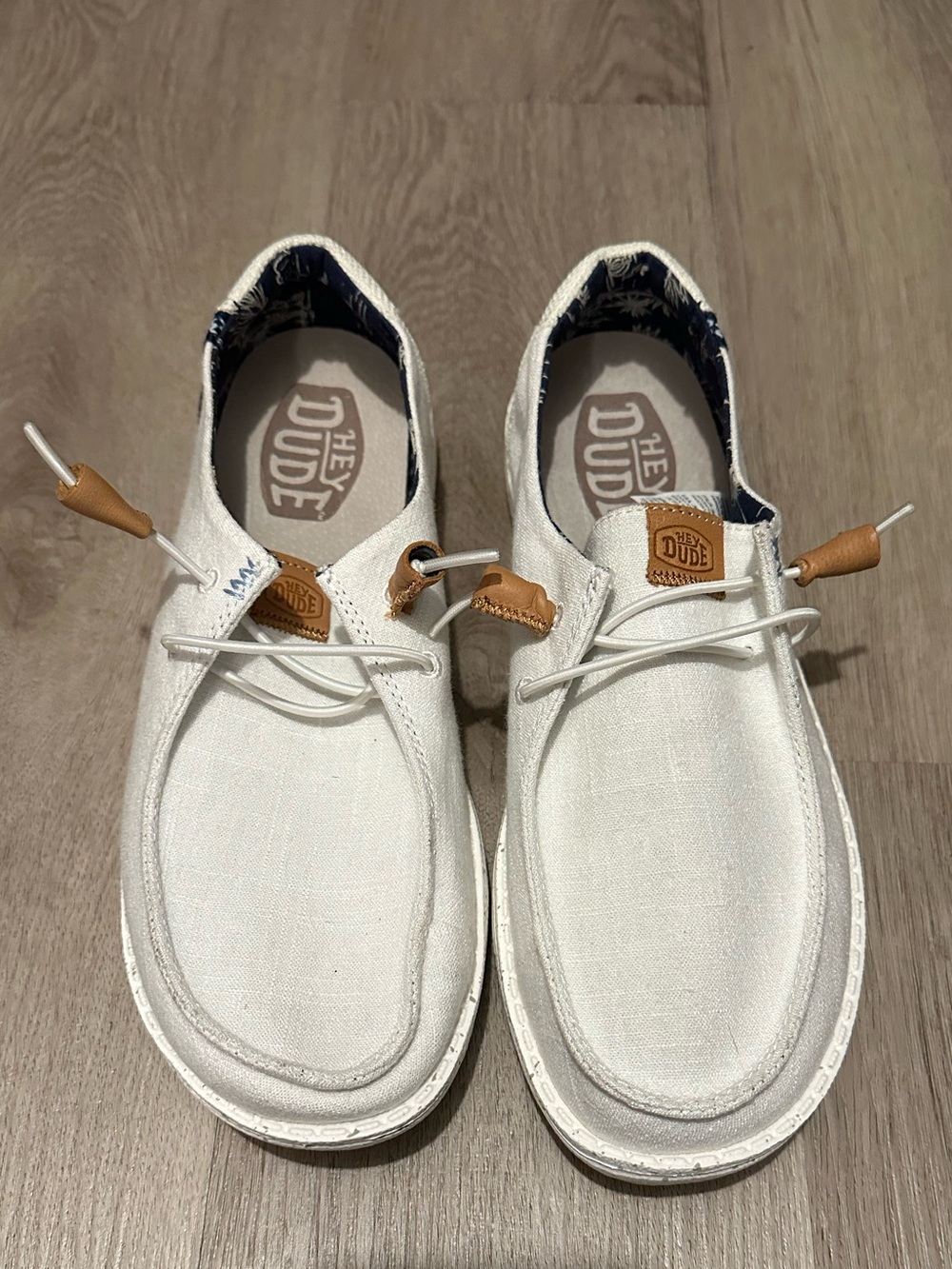 Hey Dude White Canvas Slip-On Sneakers with Tan Accents